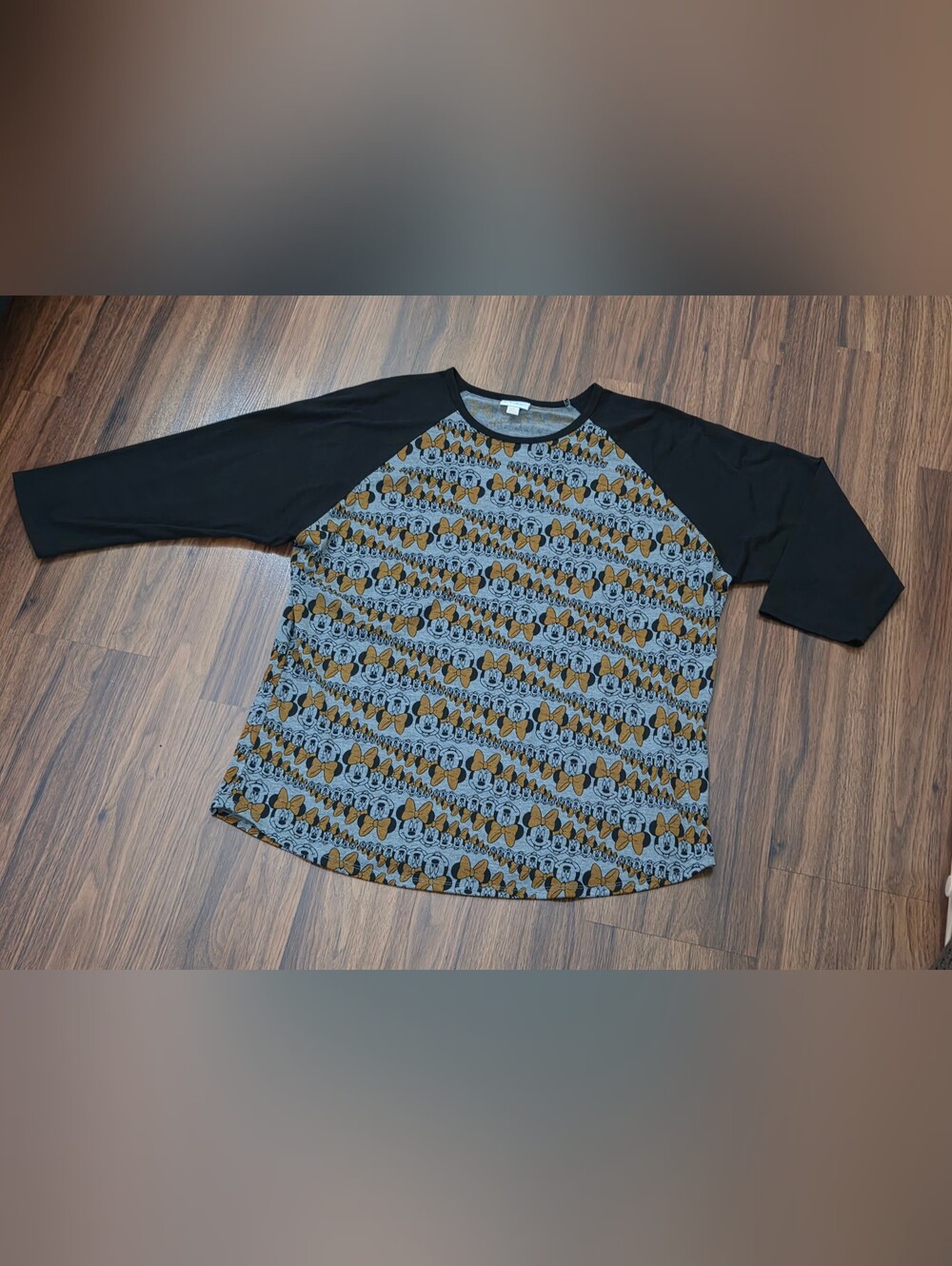 LuLaRoe Black Raglan Tee with Gray and Orange Minnie Mouse Print